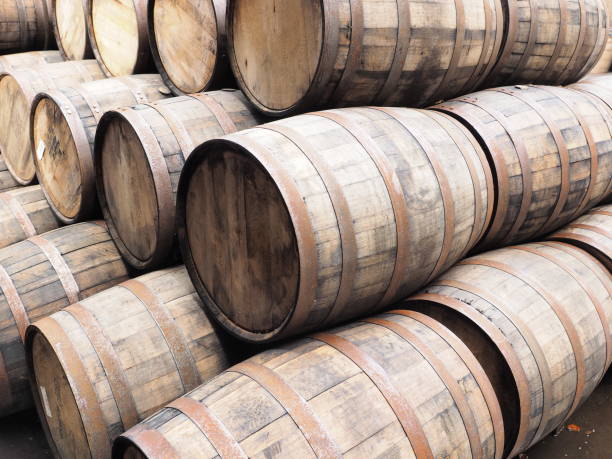 Stack of oak Whiskey barrels, Scotland 2017 stock photo