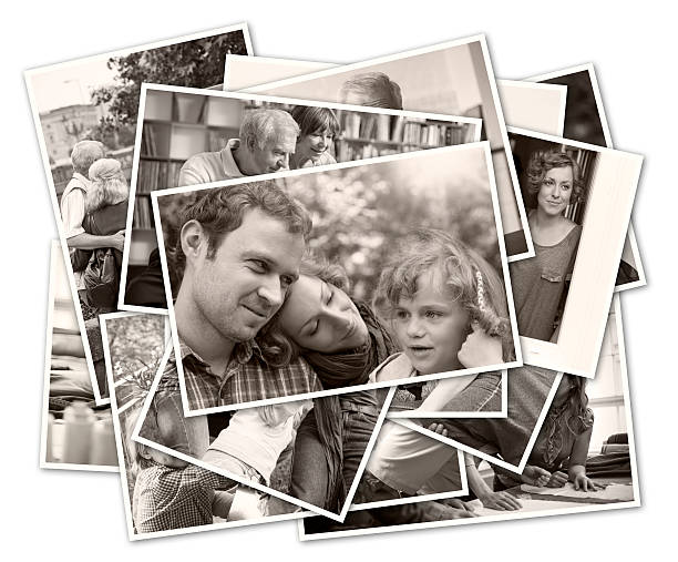 stack of old family photographs stack of b&w, toned images - family photographs - on white background with drop shadow.  stack photos stock pictures, royalty-free photos & images