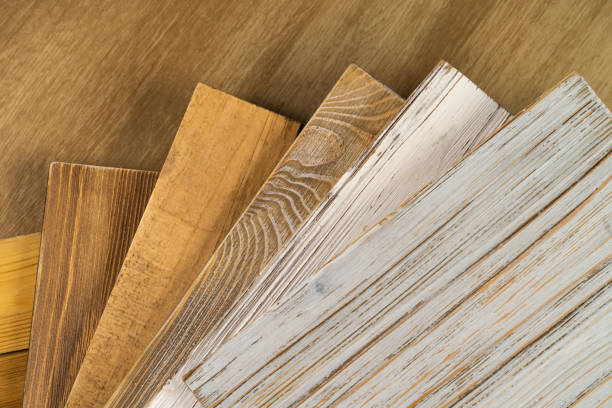 Stack of various construction sample wood boards. stock photo