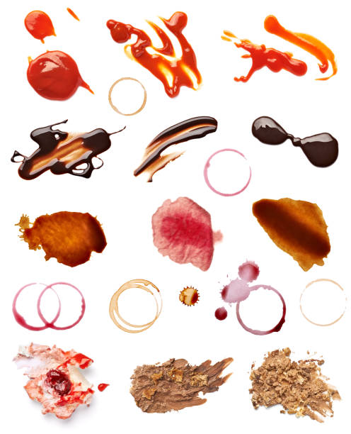 stain fleck coffee wine chocolate ketchup cake food collection of various coffee, wine, ketchup, chocolate and cake stains on white background. each one is shot separately ketchup smear stock pictures, royalty-free photos & images