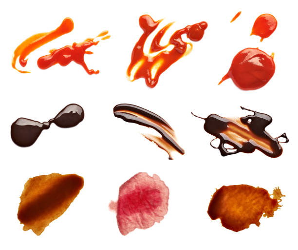 stain fleck coffee wine chocolate ketchup food collection of various coffee, wine, ketchup and chocolate stains on white background. each one is shot separately ketchup smear stock pictures, royalty-free photos & images