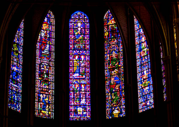 Stained glass windows in Cathedral of Our Lady, Chartres stock photo