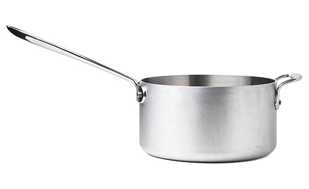 Stainless Steel Saucepan A stainless steel saucepan isolated on white with clipping path.  Side view. cooking pan stock pictures, royalty-free photos & images