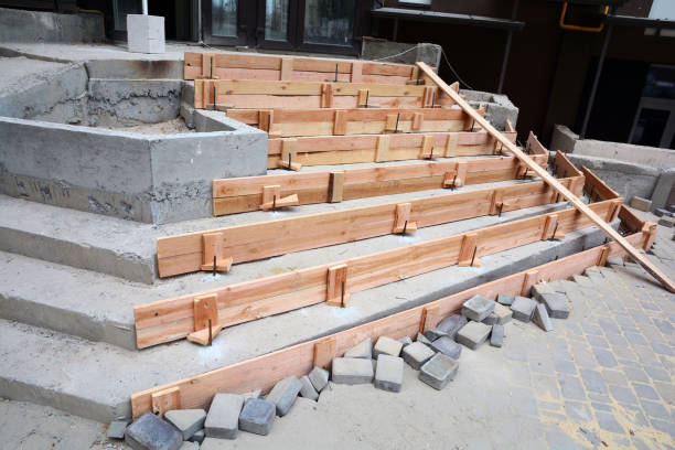 Staircase cement concrete structure in new house building at construction site. stock photo
