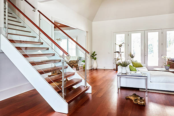Stairs Contemporary glass stairs in modern home. hardwood stock pictures, royalty-free photos & images