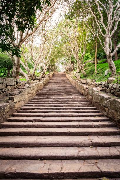 Stairs to buddha statue in Mihintale stock photo