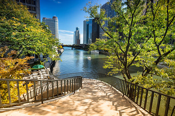 Stairs to the Chicago Riverwalk Walkway path down to the Chicago River walk, Illinois, USA waterfront stock pictures, royalty-free photos & images