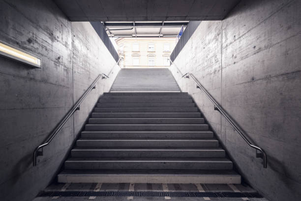 stairway for exit and entrance to subway station, modern architecture perspective of structure staircase, access way of underground transit - stairs subway imagens e fotografias de stock