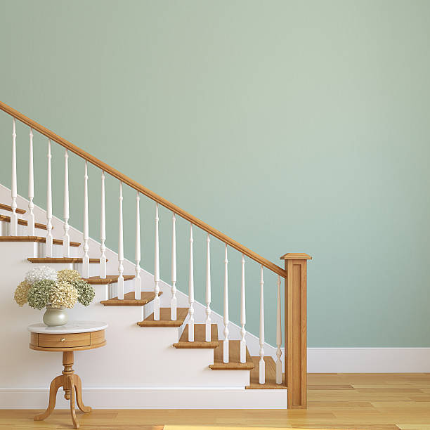 Stairway in the modern house. White stairway in the modern house. 3d render. bannister stock pictures, royalty-free photos & images