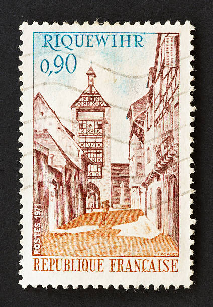 Stamp with Riquewihr town Riquewihr is a village and commune in Alsace in France with interesting historical architecture. Stamp from year 1971.This and other images in riquewihr stock pictures, royalty-free photos & images