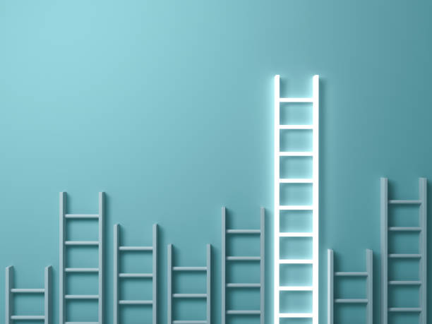Stand out from the crowd and different creative idea concepts , Longest ladder glowing among other short ladders on light green background with shadows . 3D render Stand out from the crowd and different creative idea concepts , Longest ladder glowing among other short ladders on light green background with shadows . 3D rendering. ladder stock pictures, royalty-free photos & images