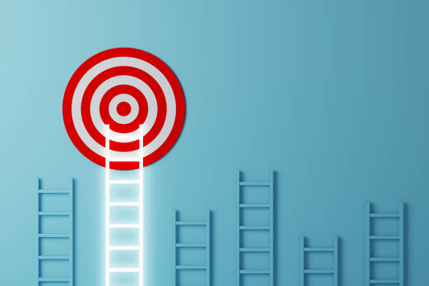 Stand out from the crowd and think different creative idea concepts. Longest white ladder growing up growth to aiming high to goal target. 3d illustration stock photo
