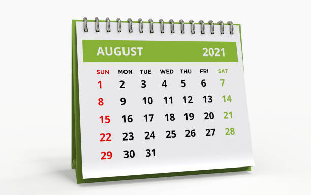 Standing Desk Calendar August 2021 Standing Desk Calendar August 2021. Business monthly calendar with metal spiral-bound, the week starts on Sunday. Monthly Pages on a white base and green title, isolated on white background, 3d render. august stock pictures, royalty-free photos & images