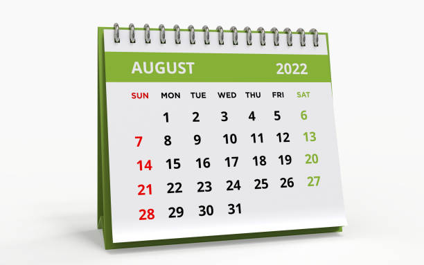 Standing Desk Calendar August 2022 green Standing Desk Calendar August 2022. Business monthly calendar with metal spiral-bound, the week starts on Sunday. Monthly Pages on a white base and green title, isolated on a white background, 3d render. august stock pictures, royalty-free photos & images