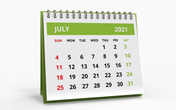Standing Desk Calendar July 2021 Standing Desk Calendar July 2021. Business monthly calendar with metal spiral-bound, the week starts on Sunday. Monthly Pages on a white base and green title, isolated on a white background, 3d render. july stock pictures, royalty-free photos & images