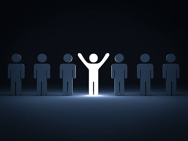 Standing out from the crowd Stand out from the crowd and different concept , One light man standing with arms wide open with other people. midsection stock pictures, royalty-free photos & images
