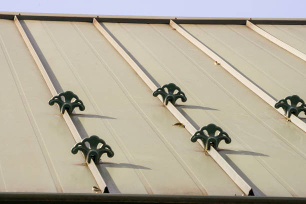 standing seam metal roofing with snow guards stock photo