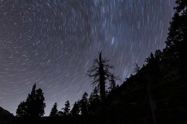 Star Trails at Eagle Lake near Tahoe, CA stock photo