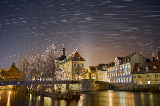 Star Trails over Bamberg Old Town Hall at night