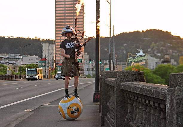 Star Wars Fan Playing Flaming Bagpipes in Portland stock photo