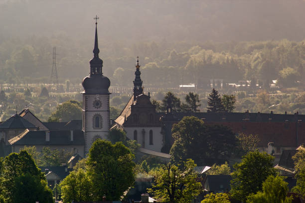 Stary Sacz town at sunrise. Monastery of the Poor Clares in the Stary Sacz, Poland. stock photo