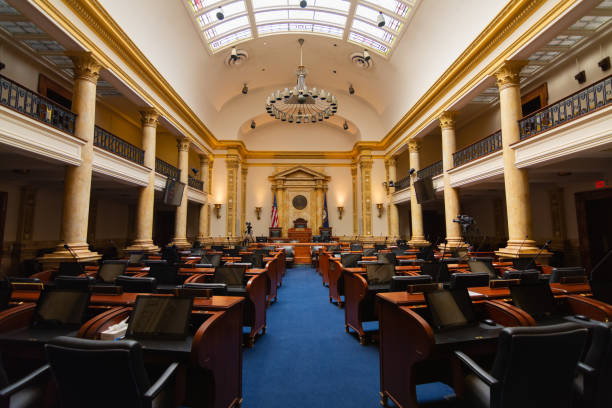 State Senate Chambers Frankfort, Kentucky/ USA - August 8th, 2019.  Interior of the State Senate Chambers in the Kentucky State Capitol Building. senate stock pictures, royalty-free photos & images