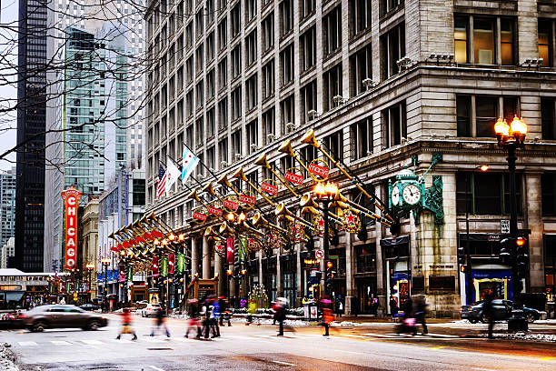 State Street at Christmas time, downtown Chicago stock photo