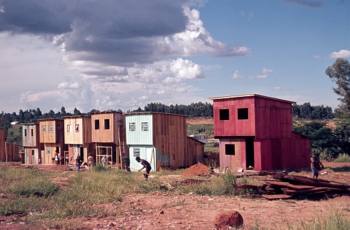 Amazonia, Brazil, 1974. State-sponsored wooden houses for rural people in Brazil. Furthermore: construction workers and families.