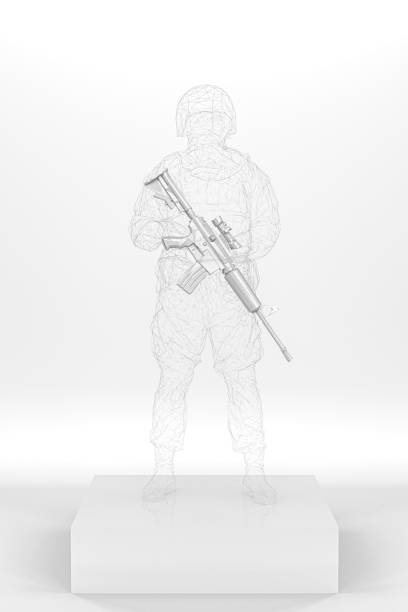 statue of a soldier. Army Soldier Figurine Made From A Transparent Wireframe Standing On A Box Holding A Rifle, Isolated Against White stock photo