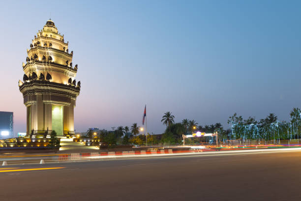 A Statue of King Father Norodom Sihanouk at central Phnom Penh, Capital of Cambodia. stock photo