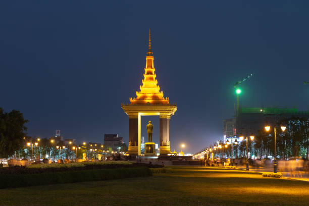 A Statue of King Father Norodom Sihanouk at central Phnom Penh, Capital of Cambodia. stock photo