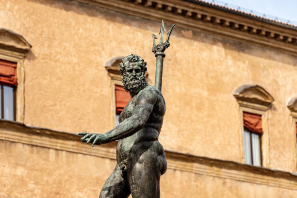 Statue of Neptune the Roman God - Bologna Italy Closeup of the bronze statue of Neptune (1566), Roman God, fountain in Piazza del Nettuno, Bologna, Emilia-Romagna, Italy, Europe. Artist Giambologna (1529-1608) poseidon statue stock pictures, royalty-free photos & images