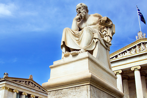 Statue of the Great philosopher Socrates outside the Academy of Athens main building, in central Athens. Plato was a philosopher in Classical Greece and the founder of the Academy of Athens.