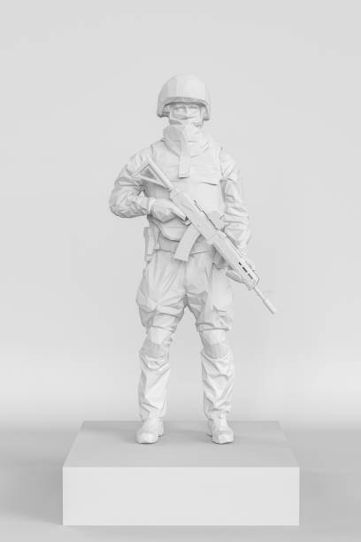 statue of the soldier. Army Soldier Figurine Made From White Plastic Standing On A Box Holding A Rifle. stock photo