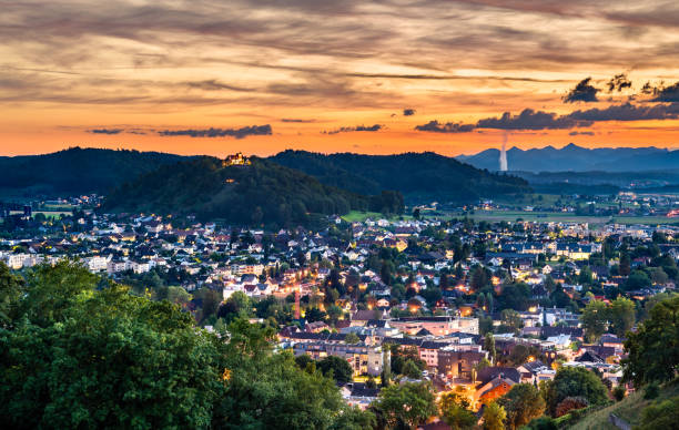 Staufen with Staufberg in Switzerland at sunset Staufen town with Staufberg hill in Switzerland at sunset aargau canton stock pictures, royalty-free photos & images
