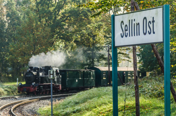 Steam train Rasender Roland on Rügen The Rasende Roland, a historic steam train on the island of Rügen, enters the station of the Baltic Seaside resort of Sellin. sellin stock pictures, royalty-free photos & images