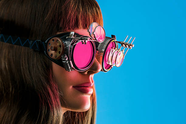 steampunk zukunft vision mädchen - vr brille stock-fotos und bilder