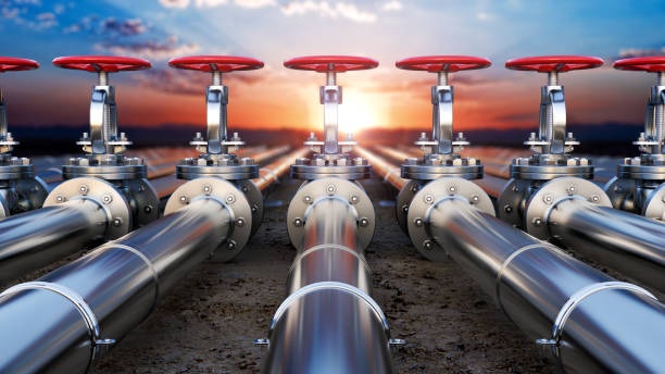 Steel pipes are laid in far away towards to a sunset landscape, pipeline concept, 3d illustration stock photo