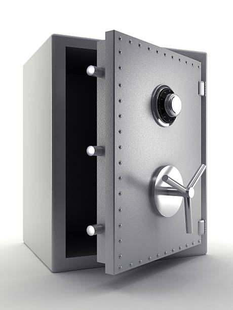 Steel safe Half open steel safe isolated on white. High resolution 3D rendering. safes and vaults stock pictures, royalty-free photos & images