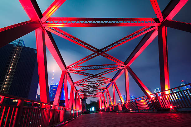 Steel structure bridge close-up at night landscape stock photo