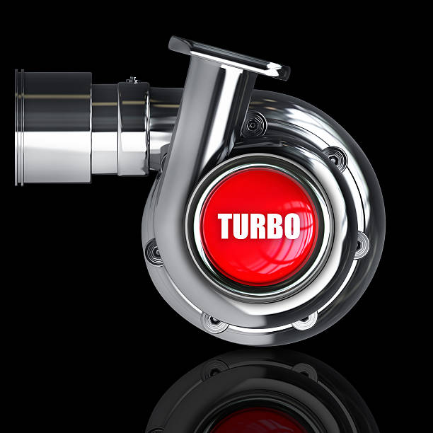 CONCEPT. Steel turbocharger with red button. High resolution 3d render stock photo