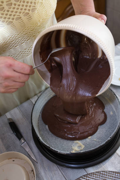 A step-by-step process for making a sour cream chocolate cake. Female hands pour the finished raw dough into a prepared baking dish. stock photo