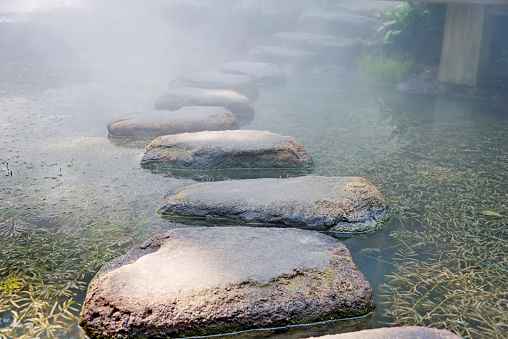 stepping stones across a pond.
