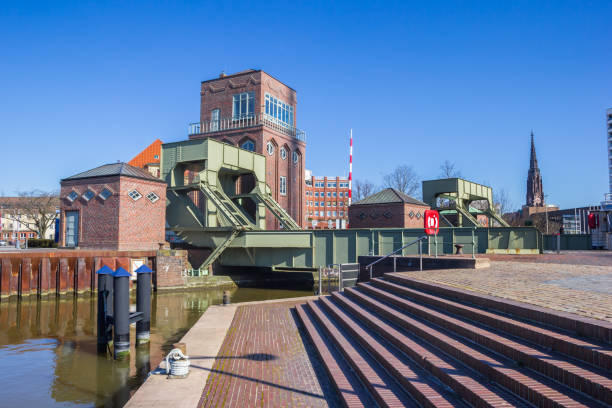 Steps in front of the historic bridge of Bremerhaven stock photo