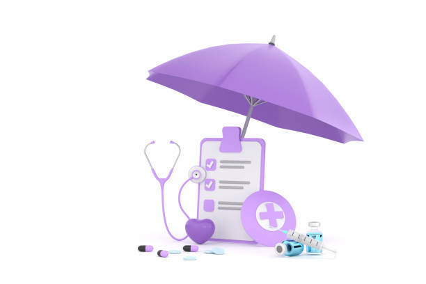 stethoscope, syringe, purple heart and check list under yellow umbrella. stock photo
