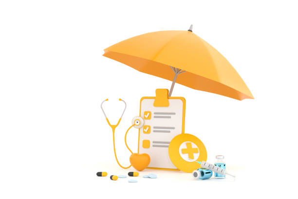 stethoscope, syringe, red heart and check list under yellow umbrella. stock photo