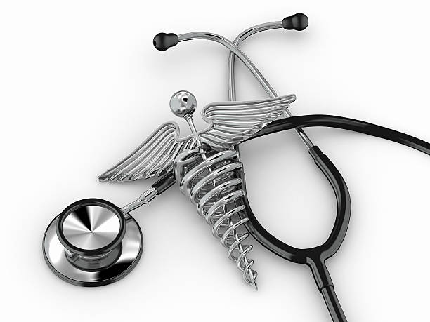 Stethoscope with caduceus symbol. 3d Stethoscope with symbol of medicine, caduceus. 3d Caduceus stock pictures, royalty-free photos & images