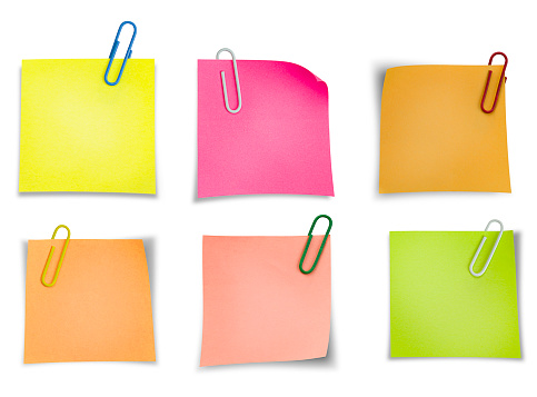 Stickers for notes with paper clips on isolated white background