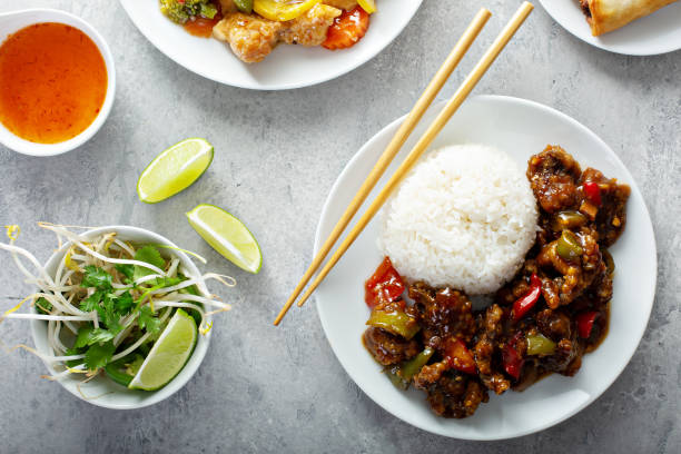 Sticky sweet beef with white rice stock photo