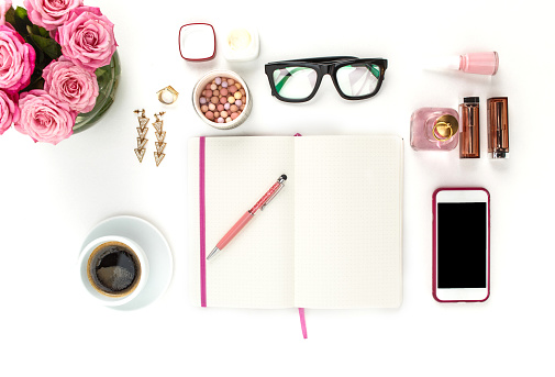 Still life of fashion woman, objects on white stock photo